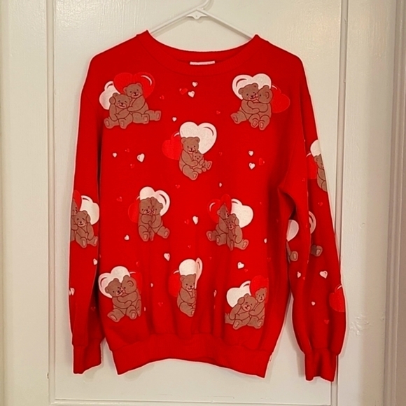 Cute retro vintage sweater valentines hearts bears theme graphic print crewneck - Picture 1 of 12